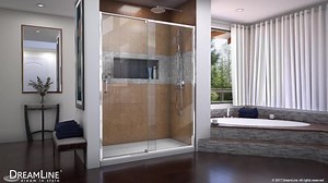 DreamLine Flex 60 in. W x 30 in. D x 74.75 in. Pivot Framed Shower Door in Chrome with Right Drain Biscuit Acrylic Base Kit DL-6222R-22-01