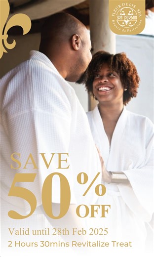 Save 50% on this 2hr 30 mins Couples Spa Package!💃 Escape the everyday hustle and treat yourself and your loved one to a rejuvenating spa experience at Spa Durban located across Durban. This exclusive offer will melt away your stress and leave you feeling refreshed, recharged, and truly pampered. ✨ Indulge in the Ultimate Spa Experience: Revitalize Couples Treat 2hr30 mins • 1h30mins Full Body Swedish Massage with soothing Hot Stones • Revitalizing Vhi Brightening Facial • Refreshing Under-Eye 