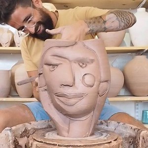 Subtle smile. Maybe a smirk. Raised hand, Twirling dance, Music like dirt. . . The alla prima big head... I’ve been called much worse😎Making friends is easy, Sunday on #DuvalStreet. Beat by one of our multifaceted studio techs — @homeless_weasel . . @keywestpottery #potteryvideos #adamrussell #keywestpottery #howitsmade | Key West Pottery