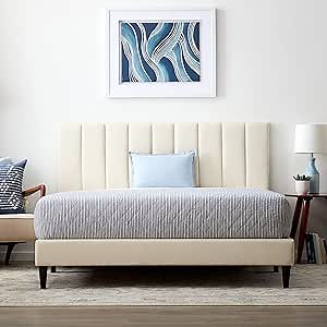 Lucid California King Bedframe with Vertical Channeled Headboard — Upholstered Platform Bed — Easy Assembly — California King Size — No Box Spring Needed — Pearl Color