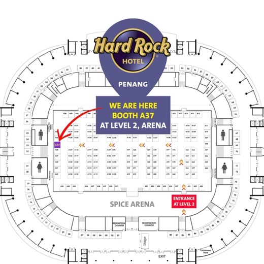 Navigate your way to our booth no. #A37, Level 2 at Spice Arena, Penang! Find us easily with our booth’s location on the floor map. Be on the lookout for our booth. 👀 More deets are set to roll out tomorrow, stay tuned. Hope to see you at the fair! #HardRockHotels #HRHPenang #islandparadise #adventureawaits #explorebeyond #traveldeals #locateus | Hard Rock Hotel Penang