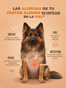 🧠🐾 Las alergias de tu Pastor Alemán no empiezan en la piel… empiezan en el intestino. Orejas con otitis recurrente, sacudidas de cabeza 🤕 Patas con lamidos compulsivos y almohadillas rojas 🐾 Piel con placas, costras y mal olor 😣 👉 Muchas veces no es “algo externo”, sino lo que está comiendo día a día. Croquetas ultra procesadas, azúcares ocultos y subproductos pueden alterar su flora intestinal y convertirse en el combustible perfecto para hongos, inflamación y alergias crónicas. 💔 Lo tri