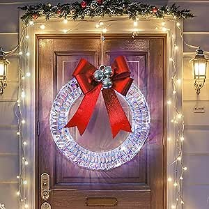 18 Inch Lighted Christmas Wreath, Pre-lit Christmas Wreaths for Front Door with Red Bow Outdoor Christmas Wreath with LED Lights for Indoor Home Wall Decor