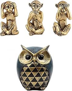 Leekung 3 Wise Monkeys Statues & Owl Statue Figurines Bundle