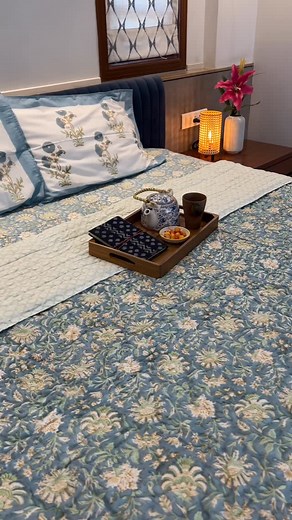 Our powder blue hand-block quilt and bedsheet set is a must-have for every home. 🌿 Soft and soothing in its pastel shade, it’s perfect for light winters or snuggling under the AC. Made with pure mulmul cotton on the outside and filled with pure cotton inside, it brings unmatched comfort and coziness. The best part? ✨ It’s machine washable (though we recommend a gentle dry clean for the quilt for the very first wash) #beddingsets #handblockquilt #quilts #purecotton #homedecor #bedding #gifting #