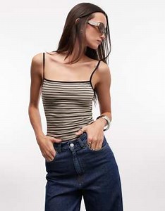 Monki Kelly square neck spaghetti strap tank top in olive stripes | ASOS