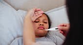 Parent, hands or thermometer with sick kid to check fever,...