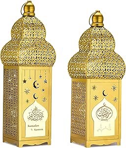 Honoson Eid Ramadan Lantern Large Golden Temple Moroccan Lantern Lamp Ramadan Decorations for Home, Hanging, Outdoor Patio or Indoor Home Decor, Gold, with LED String Lights(Elegant)