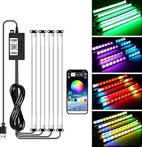 Car Led Interior Foot Well Light Strip Under Dash Bendable PVC Housing RGB 48LEDs Customizable 210 Modes Static Chase Gradient Strobe, Timer App Switch Control, USB 5V, No Remote
