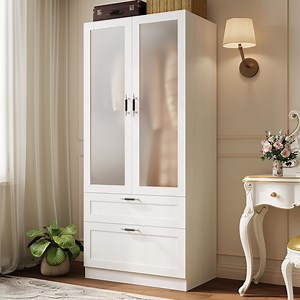 MEISSALIVVE Modern Armoire Wardrobe Closet with 2 Doors, Hanging Rod, 2 Drawers, Frosted Glass, Bedroom Storage Cabinet, White Wood Grain - Walmart.com