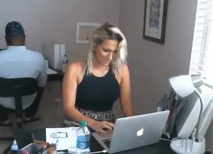 Whore shows tits at work