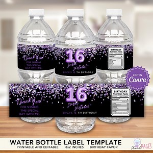 Birthday Water Bottle Labels, Sweet 16 Party Favor, 16th Birthday Party Favor, Birthday Favor for Teens, Bottled Water Labels, Purple Favors - Etsy