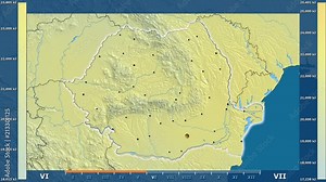 Solar radiation by month in the Romania area with animated legend - glowing shape, administrative borders, main cities, capital. Stereographic projection