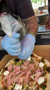 This is Wild Yeast white fire og pizza Mortadella, ricotta, crushed pistachios, smoked sea salt, fresh basil, white sauce & pesto 🤤🤤🤤 | Jerry Yguerabide