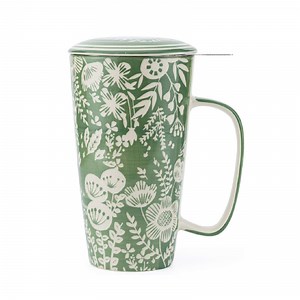 [Hot Item] Green Floral Custom Printed Promotional Gift Ceramic Infuser Tea Mug Cup with Lid