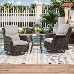POCASSY 3PCS Outdoor Swivel Chair Set with Side Table, All Weather Wicker Patio Swivel Chairs with 2-tier Side Table for Porch Garden Balcony - Beige