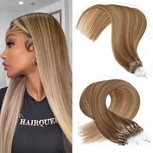 Micro Loop Human Hair Extensions Microbead Extensions Human Hair 16 Inch Highlights Color Ash Brown to Blonde #8/18 Micro Link Hair Extensions 50g 1g/s