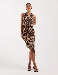 Murci deep plunge halterneck midi dress in leopard print | ASOS