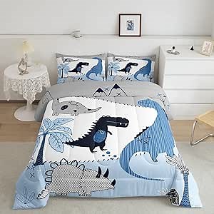 Cute Dinosaur Comforter Set Queen Size Cartoon Animals Bedding Set for Kids Boys Girls Bedroom Decoration Blue Gray White Bed Duvet Insert Kids Dinosaur Pattern Comforter with 2 Pillowcase