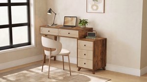 LITTLE TREE 39-Inch Computer Desk with 5 Drawers, Extendable Table with Storage for Small Space, Home Office, Reversible Design (Rustic Brown)