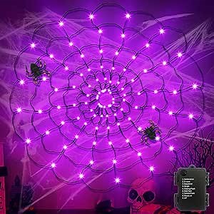 96 LED Halloween Spider Web Lights with Timer, 8 Modes Waterproof Light up Cobweb with Black Spider & DIY Cotton Net Battery Operated Halloween Decorations for Indoor Outdoor Garden Yard-Purple