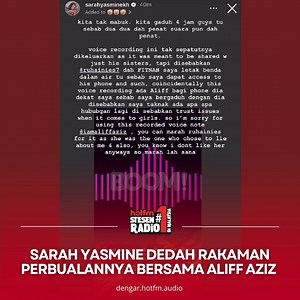 628K views · 2.6K reactions | Sarah Yasmine tampil mendedahkan rakaman perbualannya bersama Aliff Aziz setelah difitnah Ruhainies. #HotFM #YangHangatDanTerbaik #RadioNo1 #KJJadiDJ #AliffAziz #SarahYasmine #Ruhainies Kredit: IG Story @sarahyasminekh | Hot FM | Facebook