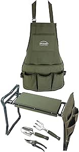 Apollo Tools 6 Piece Garden Set with Foldable Seat Adjustable to Kneeler Position, Washable Green Apron with Deep Pockets, and 3 Quality Garden Tools; Trowel, Pruner, and Rake - Green - DT3798