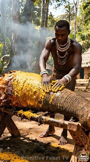 Epic Bushcraft Feast – WHOLE Elephant Leg Roasted by the Tribe 🔥🍗 #Shorts #PrimitiveFeastTV