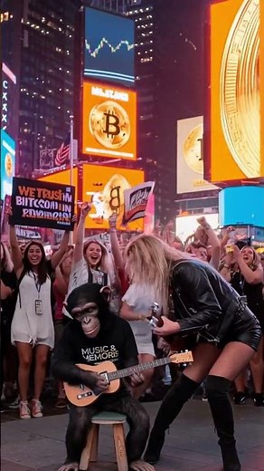 Insane! Rocker Girl & Monkey Guitarist Take Over Times Square – Bitcoin Goes Viral #monkeycute