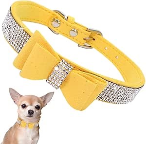 Rhinestone Dog Collar with Bow Tie, Cute Knot Crystal Bling Diamond Glitter Puppy Collars for XXS XS Small Medium Large Pet Girls Dogs Female Cats, Yellow Small