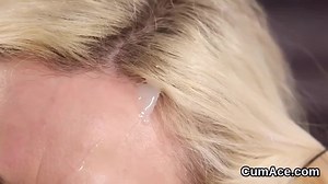Unusual peach gets jizz shot on her face swallowing all the cum
