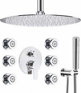 [Hot Item] Multi Shower Head System Chrome Brass Round Shower Faucet Set 16 Inch Ceiling Mount Rain Shower System with Body Jets and Handheld