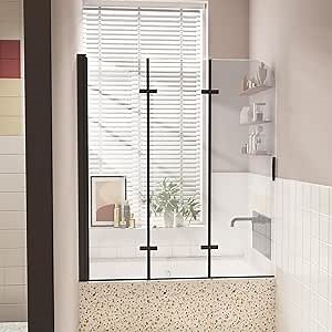 Bathtub Shower Door – Tempered Glass Shower Door with Frameless Foldable Hinged Design, Matte Black Finish, Reversible Installation, 51" W x 59" H