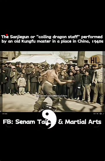 An excellent performance of the Three Section Staff Kung Fu (The three-section staff "sanjiegun", or "coiling dragon staff," is a traditional Chinese Kung Fu flail weapon composed of three equal-length wooden or metal staves connected by chains or ropes. It is a versatile, long-range weapon that combines the, techniques of a staff, whip, and nunchaku, allowing for whipping strikes, close-quarter trapping, and defensive blocking) by an old Kung Fu Master at a crowded place in China around the 194
