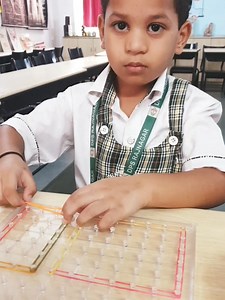 Geo Board Activity : Prep 1 Students of Prep 1 enjoyed the geoboard activity, where they creatively formed different shapes using rubber bands. This hands-on exercise helped them explore geometric concepts and enhanced their fine motor skills while fostering a fun and interactive learning experience. | Delhi Public School Raj Nagar (DPS RajNagar)