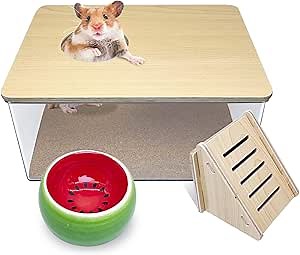 PINVNBY Hamster Sand Bath Box Wooden Shower Room Digging Sand Bathtub Container with Climbing Ladder Bowl Bathroom for Dwarf Syrian Mice Mouse Gerbils and Other Small Animals