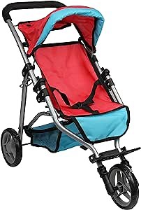 Mommy & Me Doll Jogger Foldable Baby Doll Stroller with Basket for Little Girls, Fits 18 Inch Doll, Red and Blue