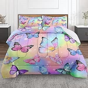 Vintage Colorful Butterfly Comforter Set King Size Bedding Set Cute Summer Spring Includes Comforter & Pillowcase Bedding for All Seasons Kids and Adults Bedroom Bed Decor