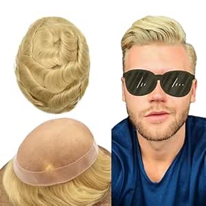 Fine Mono Men Hair System Mens Toupee Real Human Hair Pieces For Men's Toupee Hair System For Men Hair Piece Natural Hairline 6X9 Medium light density #22R Light Blonde