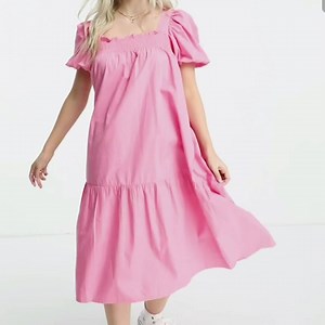 Influence Petite puff sleeve cotton poplin midi dress in bright pink 875 LE | Women Expert | Facebook