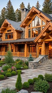 A log mansion kitchen that feels like a work of art. Breathtaking ultra-luxury log mansion kitchen with wood plank ceiling and massive natural rounded log beams in rich honey tones showcasing grain and knots; interior scene shows horizontal rounded log walls throughout in warm golden tones, stunning curved center island with exotic polished wood countertops displaying dramatic swirling grain patterns, dark ornate wood cabinetry with carved details, professional stainless steel range, natural sto