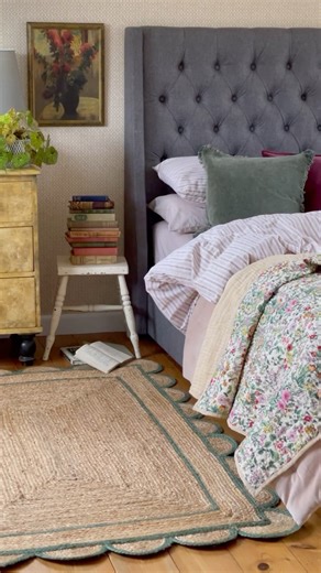 Our bestselling Wildflower Quilted Bedspread, styled beautifully with the Lara Ruffled Velvet Moss Cushions and Sundar Scallop Green Jute Rug 💚 📷 @mo_morshuis #FrenchBedroom #FrenchDecor #FloralDecor#SpringDecor #FloralInspo #FloralBedding #HomeDecor #Bedlinen | French Bedroom