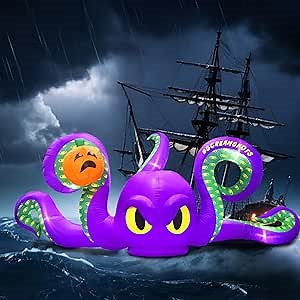 12FT Long Halloween Inflatable Octopus with Pumpkin Decorations, Giant Octopus Inflatables with LED Lights for Halloween Outdoor Decoration
