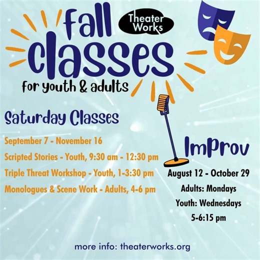 16K views · 20 reactions | Wanna have some fun INDOORS? CALLING ALL Kids and Adults! Fall Classes begin in AUGUST! (That's next month!) Classes and programs begin at just $50! ***REGISTER for classes and programs at www.theaterworks.org! Find out what's happening at Theater Works in downtown Peoria, AZ this month and beyond: https://shorturl.at/BXeDp | TheaterWorks | Facebook