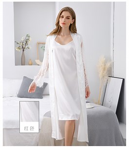 [Hot Item] Spring Summer 2 Pieces Silk V Neck Slip Night Dress White Lace Sleeve Long Satin Robe Set for Women