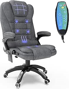 Ergonomic Massage Office Chair with Heated, Linen Fabric High Back Executive 6 Pointed Vibrating Computer Gaming Chair with Lumbar Support, Adjustable Back Recline Swivel 360° Desk Chair, Grey
