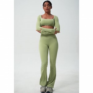 Women Workout Outfit Scrunch Butt Flare Leggings Yoga Suit Plus Size Long Sleeve Gym Fitness Sets
