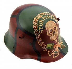 German WW1 M1916 1916 Steel Helmet Stormtrooper Sturmtruppen #5 Cammo Pattern with Skull, Wreath and Crossed Grenades Large