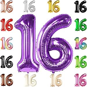 KatchOn, Purple 16 Balloons Number - Giant, 40 Inch | Mylar 16 Balloon Numbers Purple for Sweet 16 Party Decorations Purple | Sweet 16th Birthday Decorations for Girls | Purple Sweet 16 Decorations