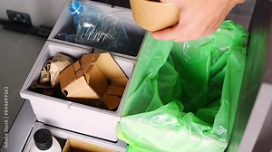 Hand of woman throwing trash into household bins for waste sorting in the kitchen for recycle. Plastic, paper, bio and mixed waste. Sorting waste at home concept